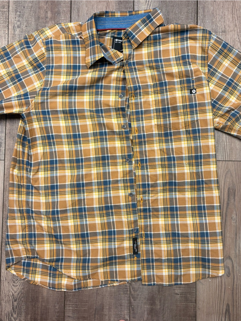 Marmot Yellow, Navy & Brown Plaid Button-Up Shirt